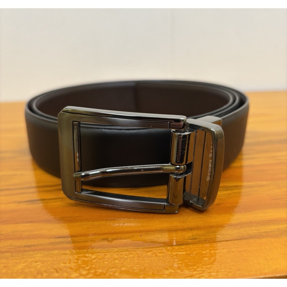 Perry Ellis Reversible Belt Black Dark Brown Men's Sz 34/85 Bonded Leather 1"